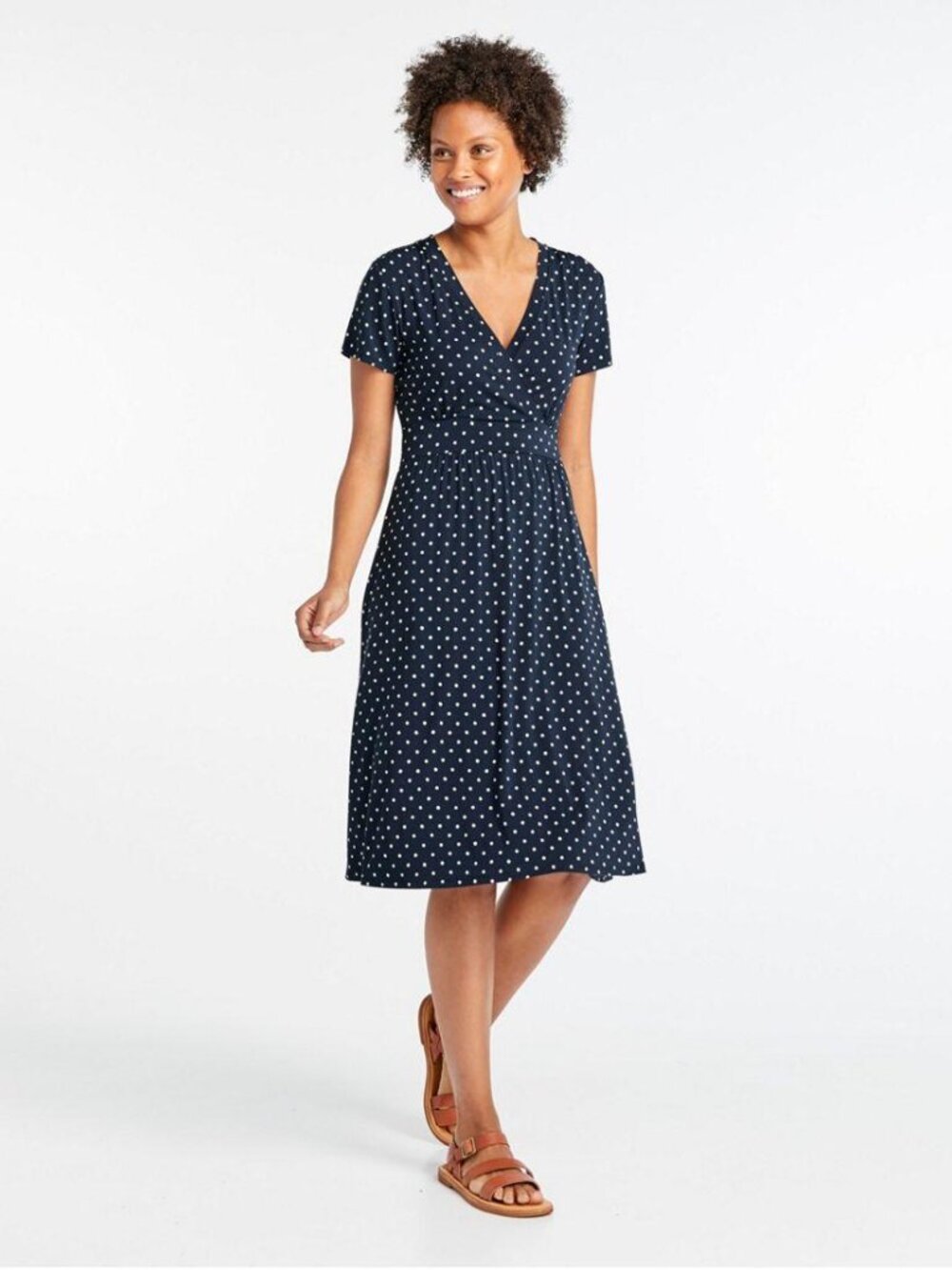L.L.Bean Navy Polka Dot Summer Knit Faux Wrap Midi Dress M Regular
